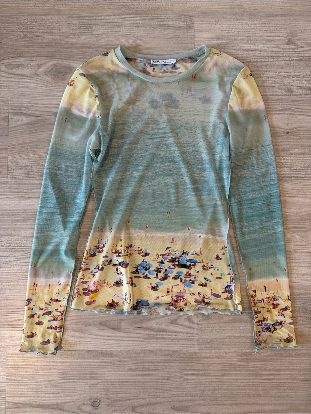 Zara Beach Scene Print Sheer Mesh Long Sleeve Top